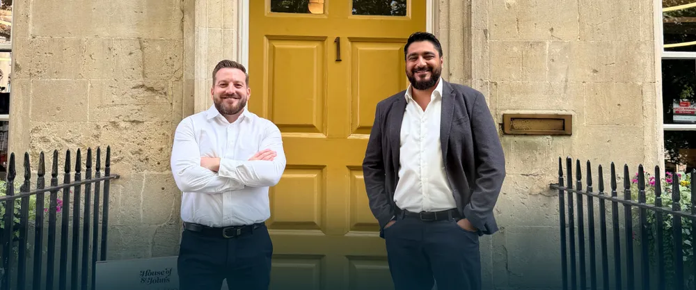 Benjamin Kane (CEO TechPods) and Mike Panayotov (CTO TechPods) in front of TechPods new office in Bath - House of St John’s.